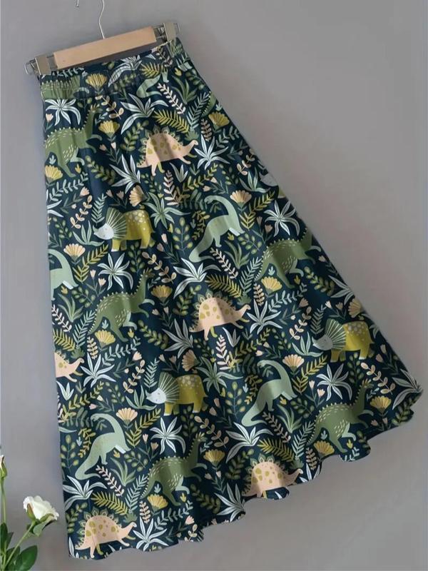 Women's All Over Dinosaur Print Elastic Waist A Line Skirt, Casual Fashion Long Skirt for Daily Wear, Ladies Bottoms for All Seasons