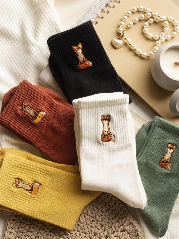 Women's Cute Cartoon Fox Embroidery Crew Socks, Casual Soft Comfy Breathable Socks for Daily Wear, Women's Socks for All Seasons