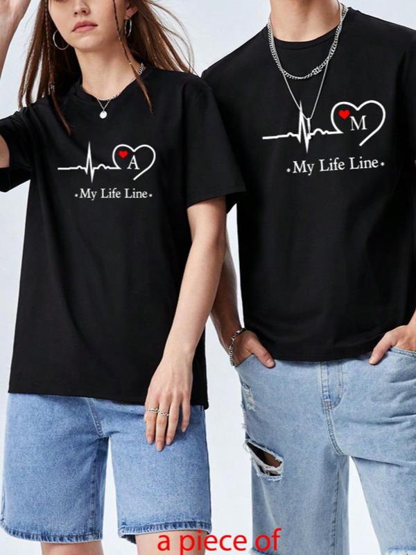 Couple's Heart Print Crewneck Short Sleeve Tee, Comfort Graphic Round Neck T-Shirt for Men & Women, Summer Clothes for Daily Wear, Couple Clothing