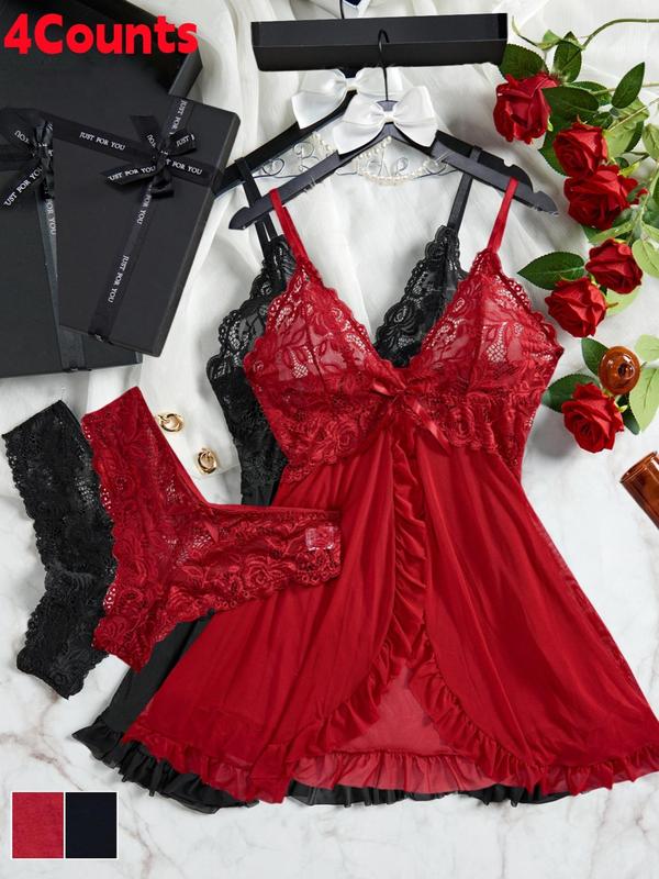 Women's Contrast Lace Ruffle Hem Cami Nightdress & Thong Lingerie Set, Sexy Adjustable Spaghetti Strap Nightgown & Panty, Lingerie Set for Women