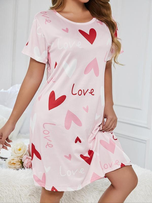 Women's Heart & Letter Print Round Neck Nightdress, Casual Soft Comfortable Short Sleeve Nightgown for Daily Home Wear, Ladies Sleepwear for All Seasons