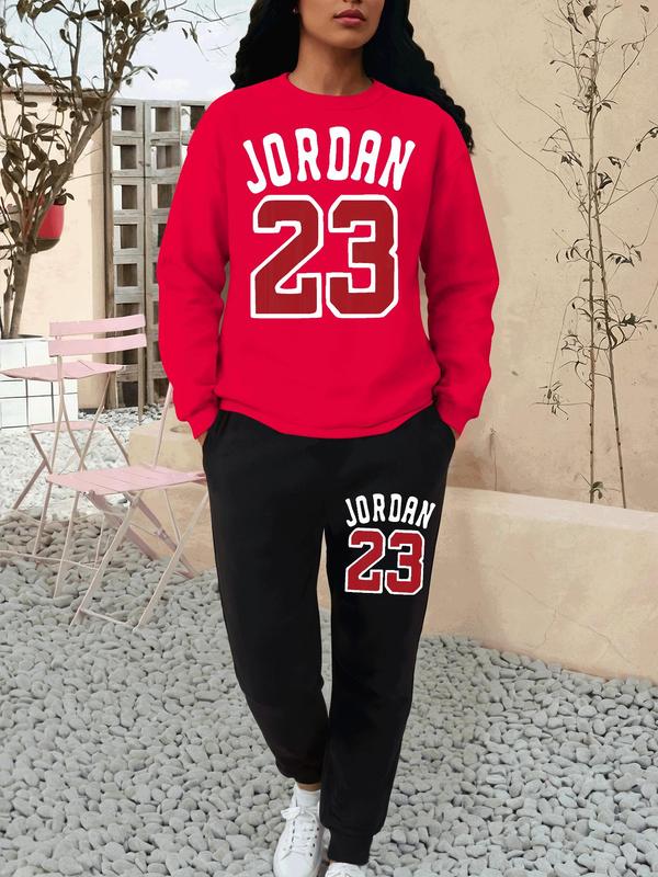 Women's Letter Number Print Sweatshirt & Pocket Sweatpants Set, Casual Round Neck Long Sleeve Pullover & Jogger Pants Sports Sweat Suit, Ladies Sportswear for Fall & Winter