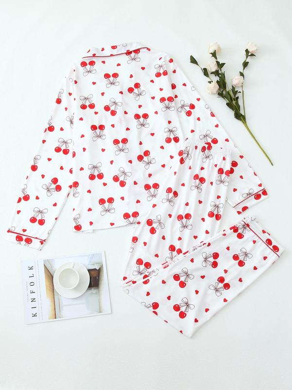 Two-Piece Set Women's Cherry & Heart Print Pocket Lapel Shirt & Elastic Waist Pants Pyjama, Casual Comfy Long Sleeve Button Up Top & Trousers PJ Set, Women's Sleepwear for Spring & Fall