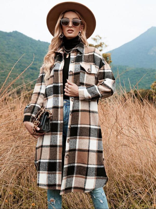 Womenswear Plaid Print Button Front Drop Shoulder Overcoat jacket, Casual Long Sleeve Flap Lady Pocket Outerwear for Fall & Winter,  Winter Clothes Women, Women's Clothing for Daily Wear