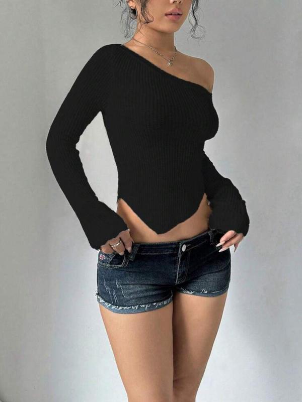 Women's Plain Asymmetrical Neck Crop Sweater, Casual Long Sleeve Asymmetrical Hem Jumper for Spring & Fall, Fashion Women's Knitwear for Daily Wear