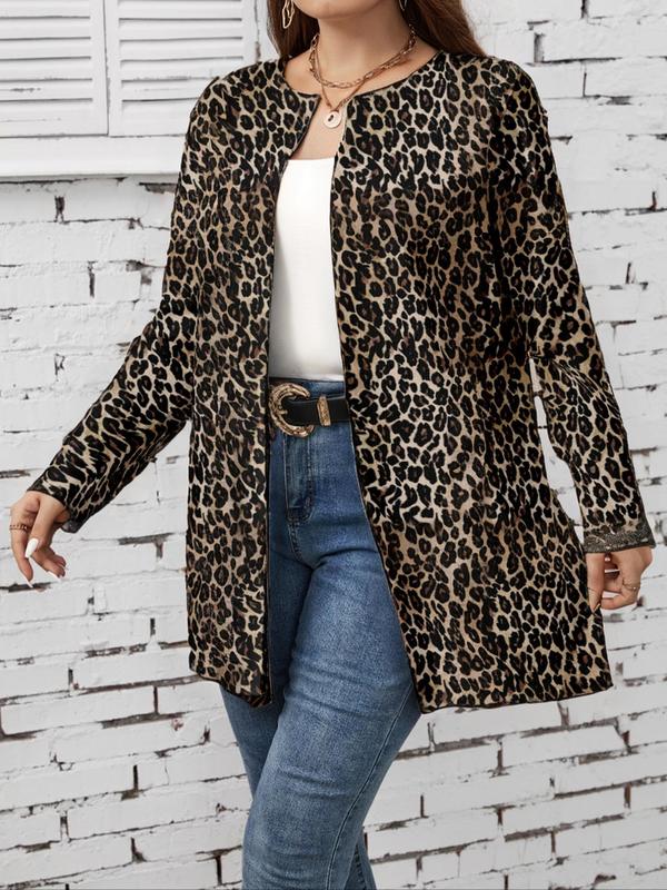  Leopard Print Long Sleeve Open Front Jacket, Casual Round Neck Outerwear for Fall & Winter, Women's Clothes for Daily Wear