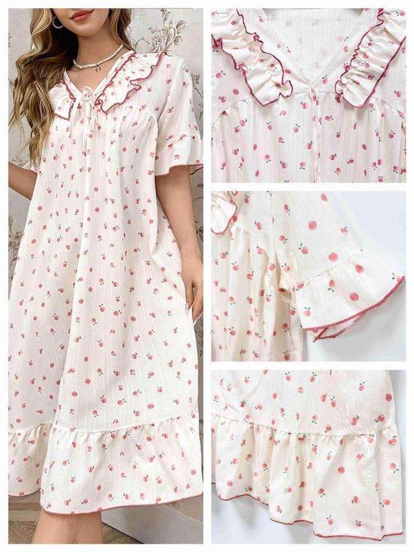  All Over Fruit Print Ruffle Trim Tie Front Nightdress, Casual Soft Comfortable Flounce Sleeve Nightgown for Women, Women's Sleepwear for All Seasons