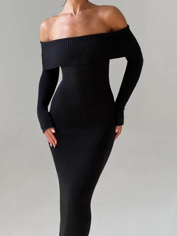 Women's Plain Off Shoulder Split Hem Bodycon Dress, Elegant Long Sleeve Ribbed Dress for Party Dating Wear, Women's Clothing for Spring & Fall