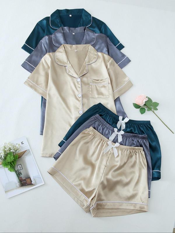 Women's Solid Satin Pyjama Set, Short Sleeve Lapel Neck Button Up Top & Elastic Waist Shorts PJ Set, Casual Comfy Loungewear Set for Women