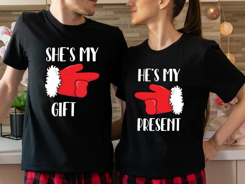 Couples Christmas Party Shirt, She's My Gift Shirt, He's My Present T-Shirt, Husband Wife Christmas Gift Short Sleeve, Funny Matching Boyfriend And Girlfriend Shirt For Holiday.