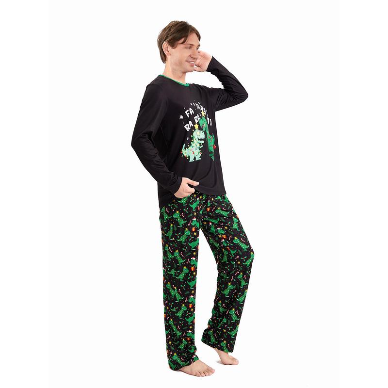 Black Green Matching Christmas Pajamas For Family Black Long Sleeve Letter Print Tops and Dinosaur Print Pants Sleepwear