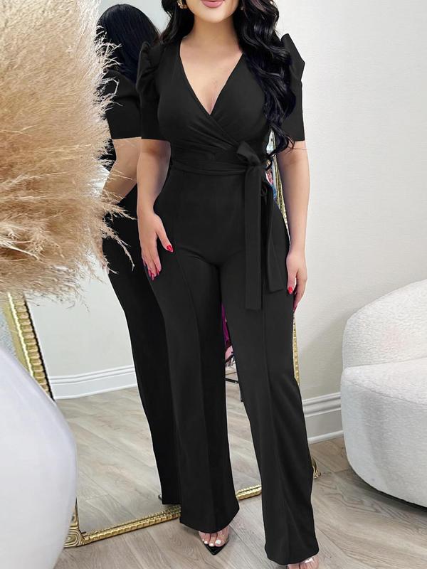 Women's Solid Belted Wrap Puff Sleeve Jumpsuit, Elegant Deep V Neck Straight Leg Jumpsuit, Ladies Summer Clothes For Work Office Business