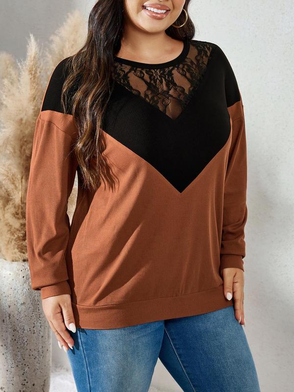 CURVZY Christmas Deals, Plus Size Patchwork Contrast Lace Drop Shoulder Tee, Casual Long Sleeve Round Neck T-shirt for Spring & Fall, Women's Clothing for Daily Wear, Christmas 2024 Trend, Fall & Winter Clothes