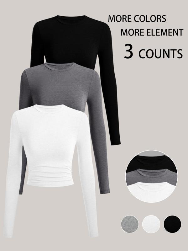 Women's Basic Solid Ruched Long Sleeve Slim Tee, Casual Comfort Round Neck T-Shirt for Fall, Women's Fall T Shirts Clothes, Women's Tops