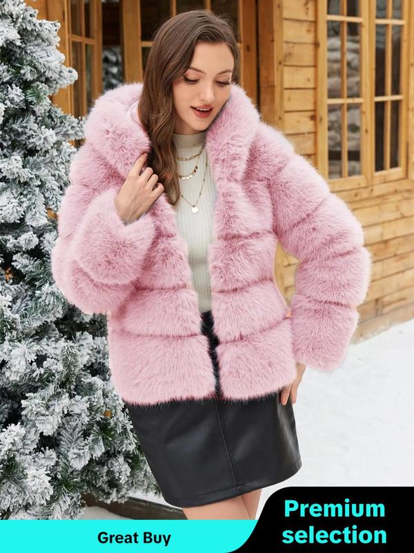 Women's Solid Faux Fur Hooded Jacket, Casual Long Sleeve Open Front Outerwear for Fall & Winter, Women's Clothing for Daily Wear