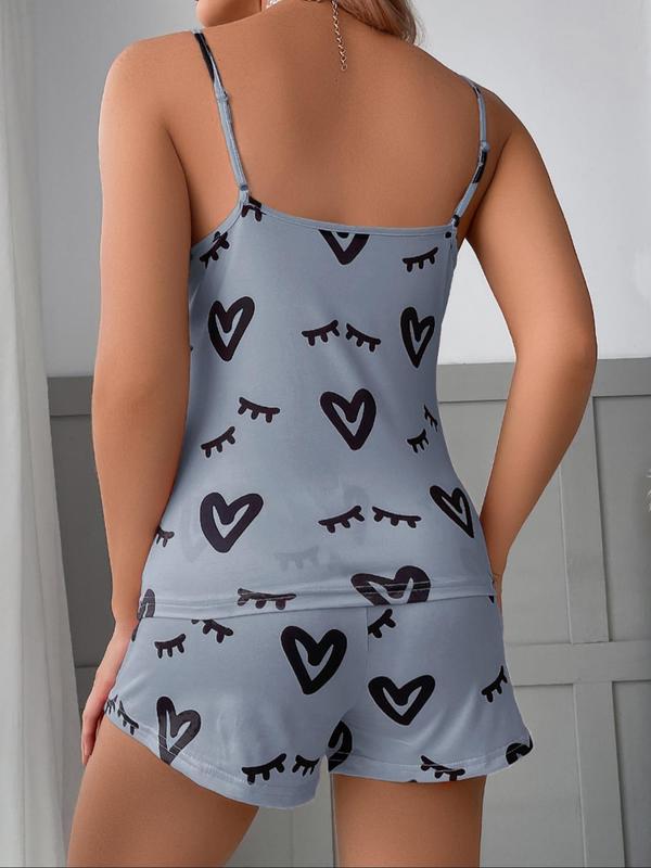 Two Pieces Women's Heart Eyelash Print Pyjama Set, Chic Cami Top & Bow Decor PJ Shorts, Summer Clothes Women, Summer Wear 2024, Women's Sleepwear Wear for Summer