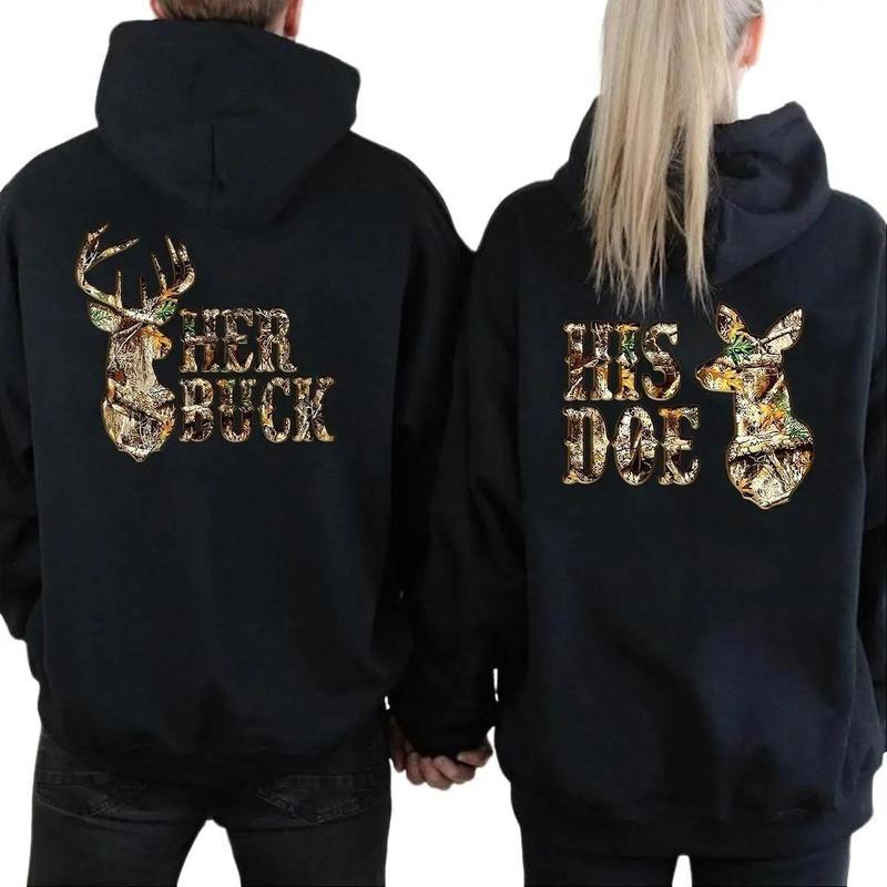 Her Buck His Doe Hoodie - Camo Hoodie, Hunting Couples Hoodie, Matching Deer, Buck and Doe, Outdoor Couple Matching Pullover Hoodie