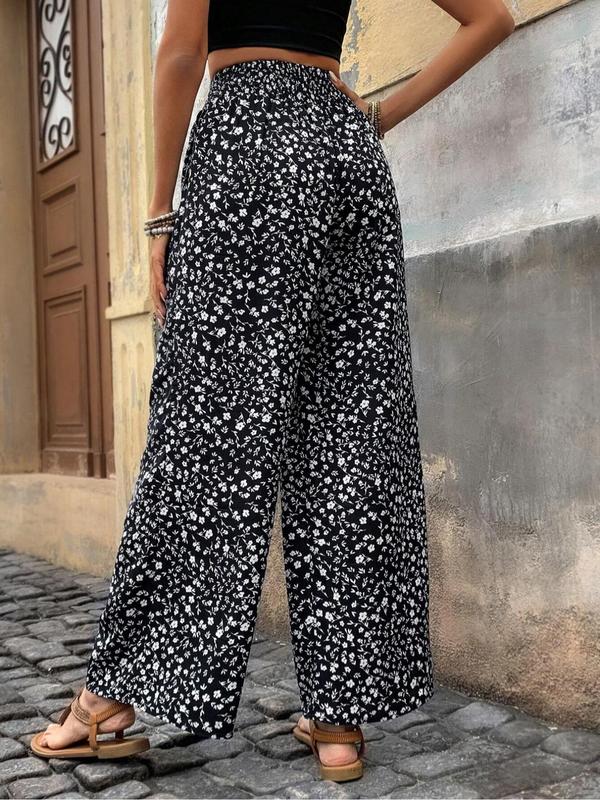  Ditsy Floral Print Tie Front Wide Leg Pants, Boho Shirred High Waist Trousers for Beach Vacation Holiday, Pants for Women, Summer Pants, Women's Bottoms Black Girl Outfits