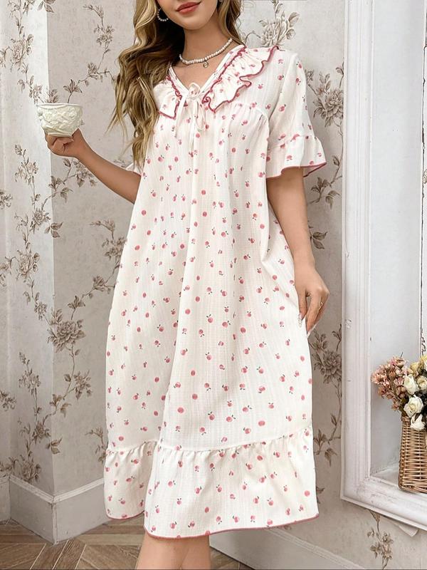  All Over Fruit Print Ruffle Trim Tie Front Nightdress, Casual Soft Comfortable Flounce Sleeve Nightgown for Women, Women's Sleepwear for All Seasons