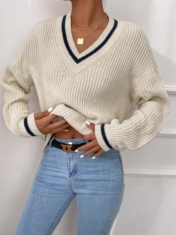 Women's Contrast Binding Drop Shoulder Sweater, Casual V Neck Cable Knit Jumper for Fall & Winter, Sweaters for Women, Fashion Women's Knitwear for Daily Wear, Fall Outfits, Preppy 80s Clothes