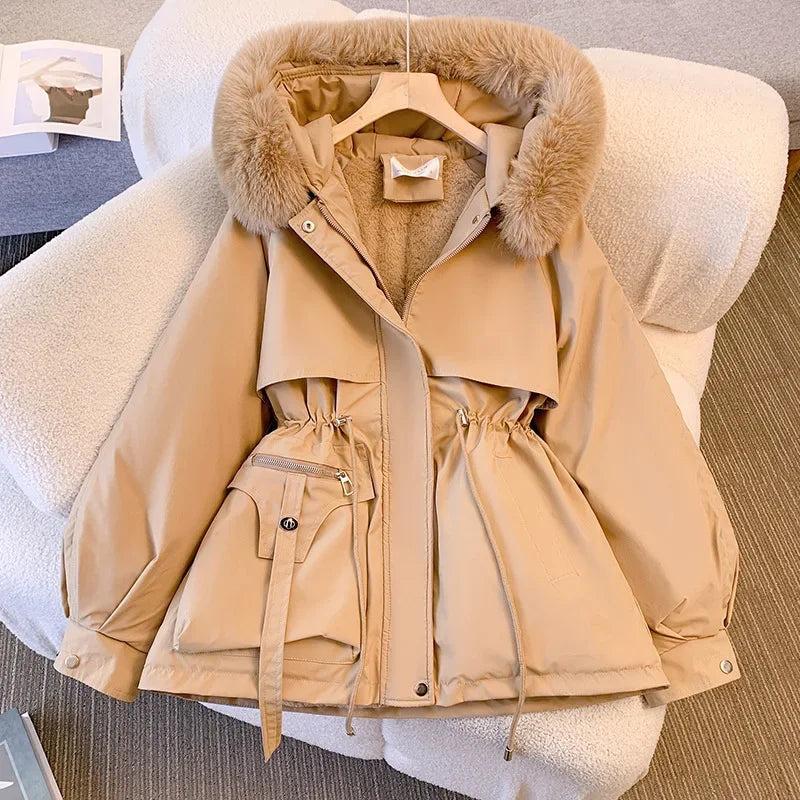 Women's Medium-length Waist-fitted SlimmingHooded Cotton-padded Jacket Warm FleeceLining Korean Style Autumn winter Coat