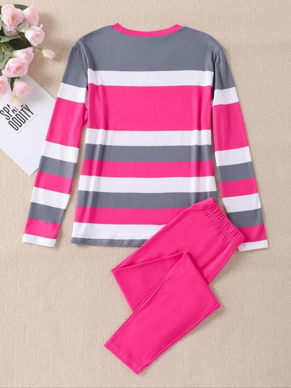 Women's Striped & Letter Print Sweatshirt & Elastic Waist Pants Two-piece Set, Casual Round Neck Long Sleeve Pullover & Trousers for Fall & Winter, Women's Clothes for Daily Wear