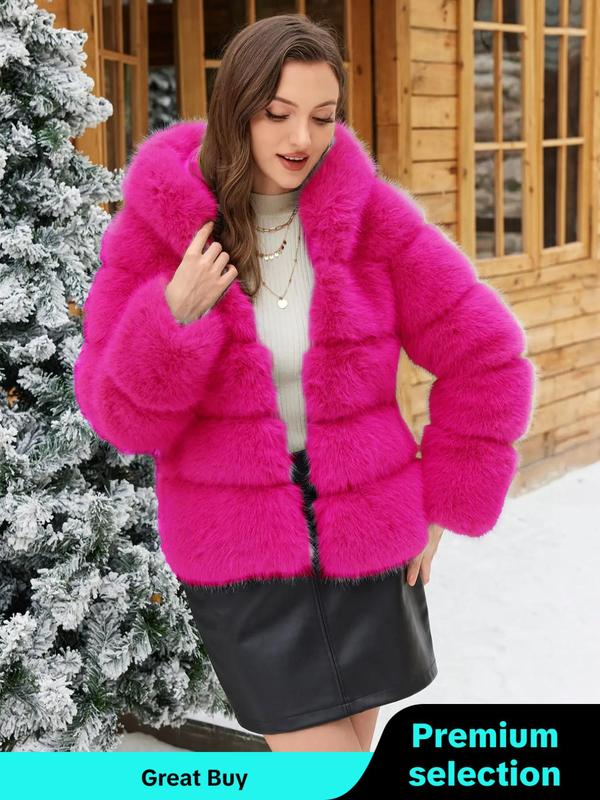 Women's Solid Faux Fur Hooded Jacket, Casual Long Sleeve Open Front Outerwear for Fall & Winter, Women's Clothing for Daily Wear