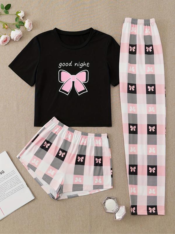 Three-Piece Set Women's Bowknot & Plaid Print Pyjama Set, Short Sleeve Round Neck Tee & Elastic Waist Shorts & Pants Lounge Set, Women's Sleepwear for Summer