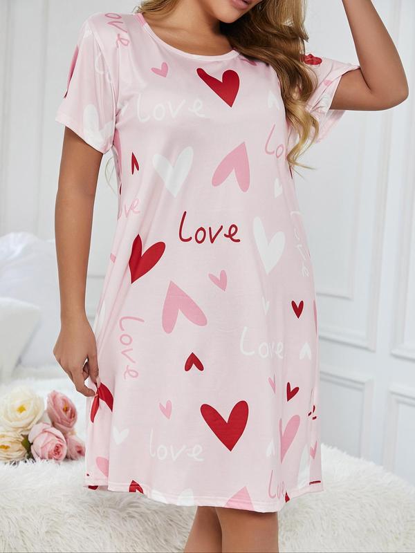 Women's Heart & Letter Print Round Neck Nightdress, Casual Soft Comfortable Short Sleeve Nightgown for Daily Home Wear, Ladies Sleepwear for All Seasons