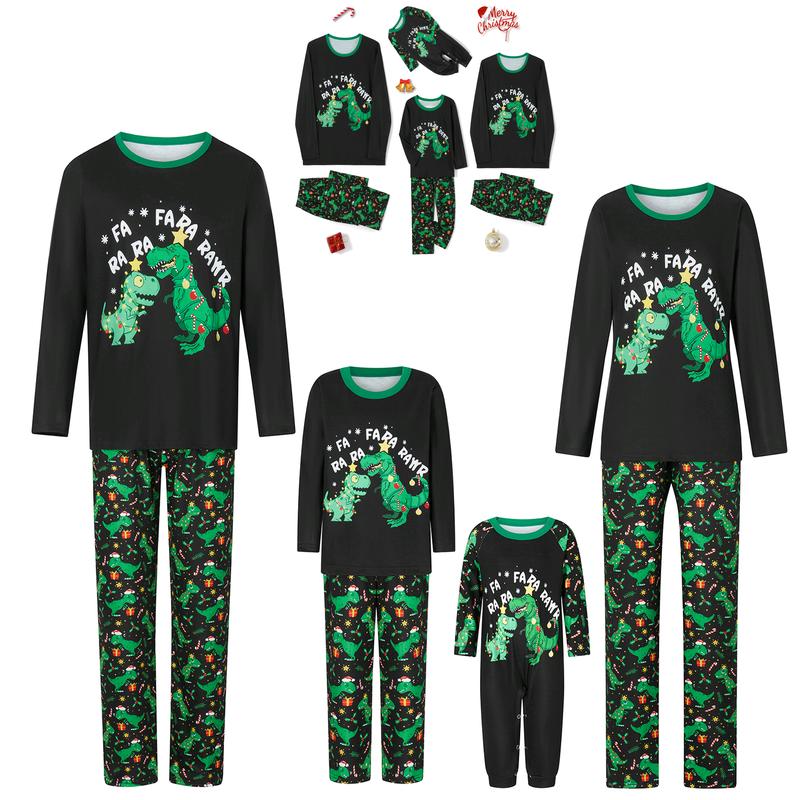 Black Green Matching Christmas Pajamas For Family Black Long Sleeve Letter Print Tops and Dinosaur Print Pants Sleepwear