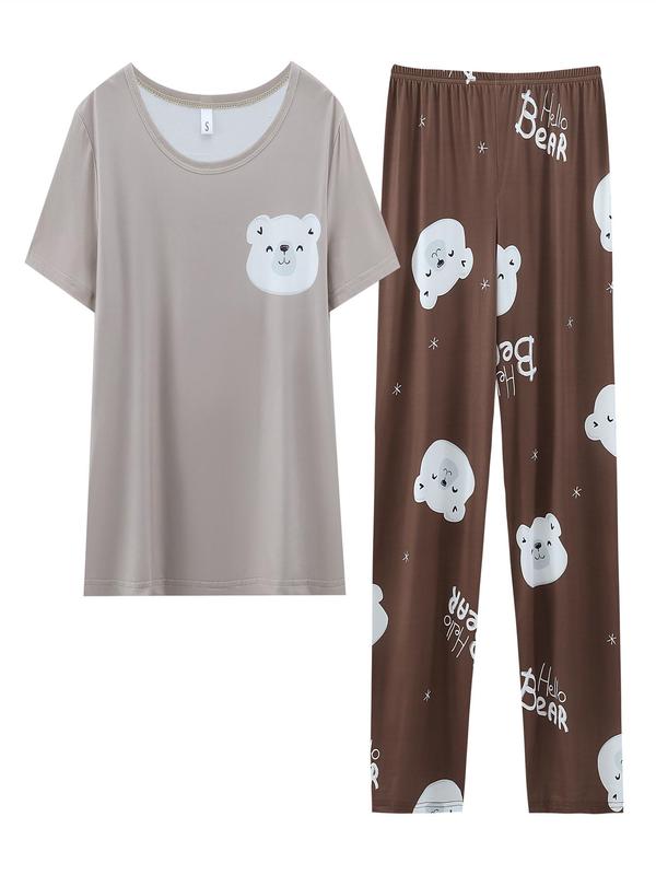 Women's 2pcs Cartoon Bear Print Tee & Elastic Waist Pants Pyjama Set, Casual Comfy Round Neck Short Sleeve T-Shirt & Pocket Trousers PJ Set, Ladies Sleepwear for All Seasons