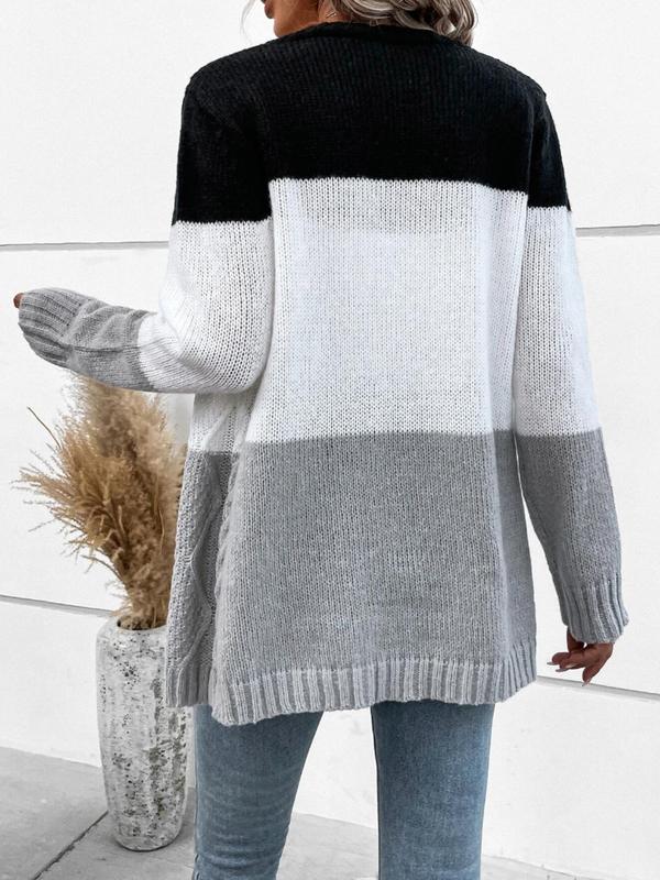 Women's Colorblock Textured Button Front Cardigan, Casual Long Sleeve Cardigan Sweater for Fall & Winter, Women's Knit Clothing for Daily Wear