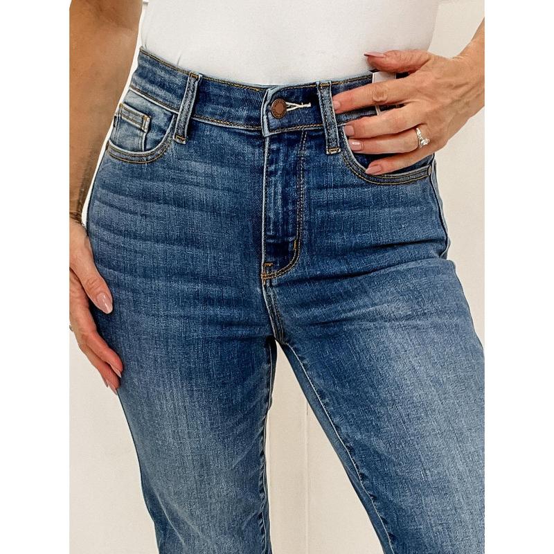 The Madison High Waist Distressed Knee and Fray Hem Straight Jean