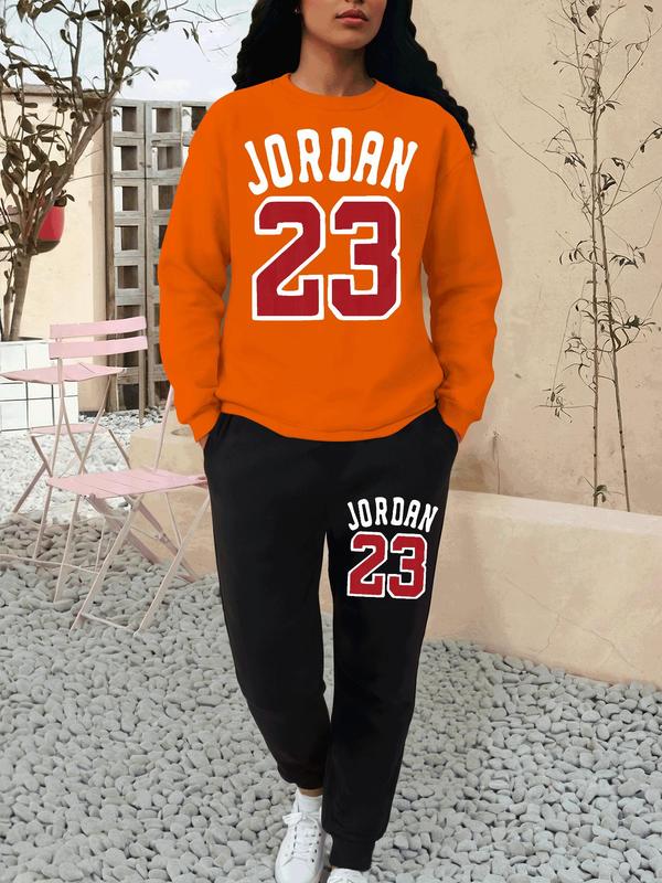 Women's Letter Number Print Sweatshirt & Pocket Sweatpants Set, Casual Round Neck Long Sleeve Pullover & Jogger Pants Sports Sweat Suit, Ladies Sportswear for Fall & Winter