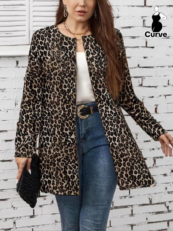  Leopard Print Long Sleeve Open Front Jacket, Casual Round Neck Outerwear for Fall & Winter, Women's Clothes for Daily Wear