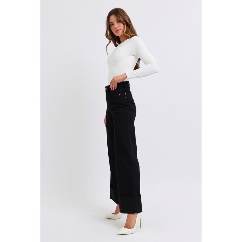 JUDY BLUE HI WAIST BLACK RETRO WIDE LEG JEANS W  CUFF