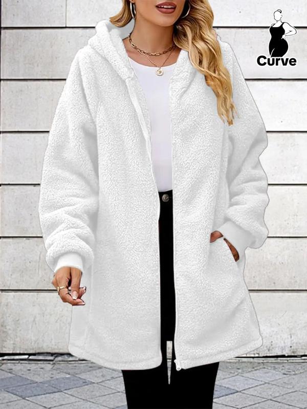  Solid Pocket Zip Up Hooded Coat, Casual Long Sleeve Plush Coat for Fall & Winter, Women's Clothes for Daily Wear