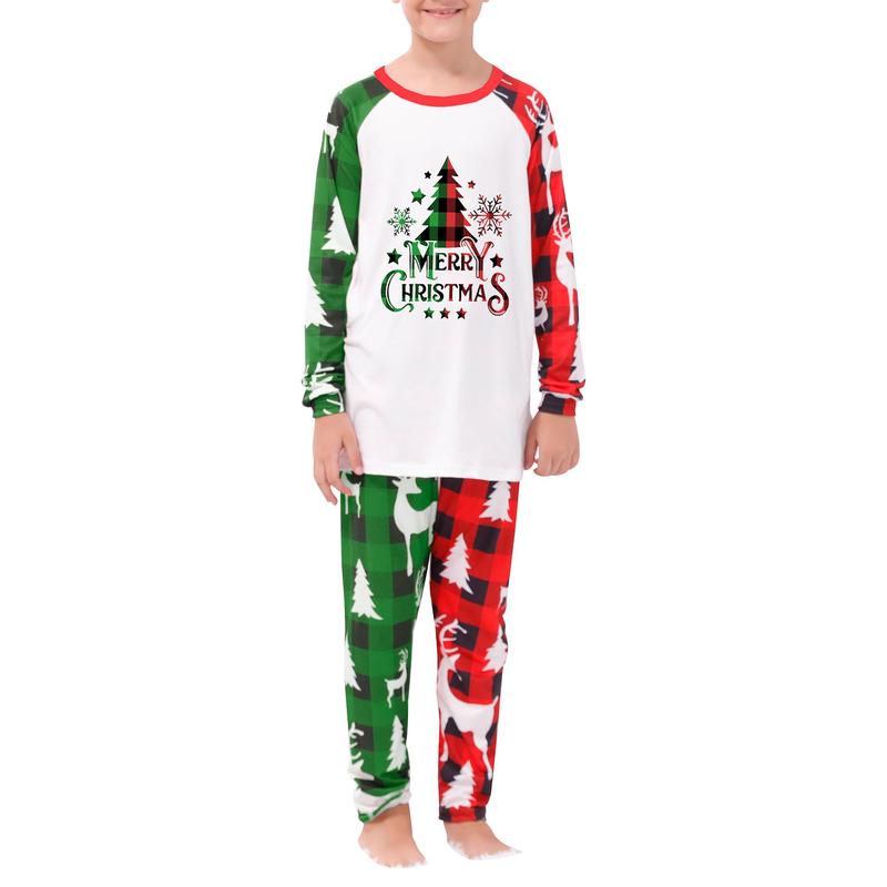 Christmas Family Pajamas Matching Set Christmas Tree Letter Print Long Sleeve Tops and Plaid Pants Sleepwear