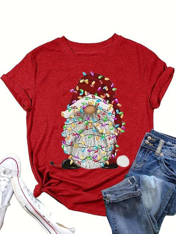  Christmas Print Round Neck Tee, Casual Short Sleeve Crew Neck T-Shirt for All Seasons, Women's Clothing for Daily Wear