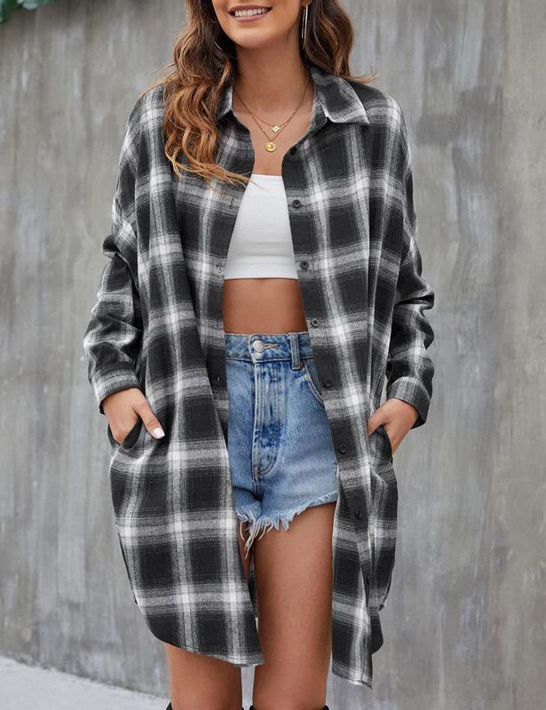 Zontroldy Women's Oversized Button Down Long Plaid Flannel Shirts Lapel Long Sleeve Check Jacket Shacket vintage tops Womenswear