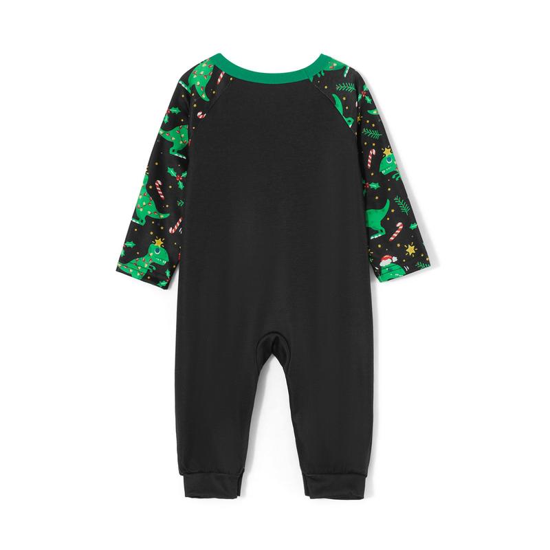 Black Green Matching Christmas Pajamas For Family Black Long Sleeve Letter Print Tops and Dinosaur Print Pants Sleepwear