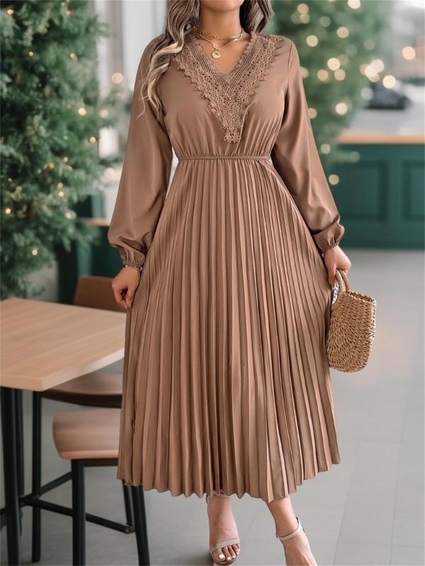 Women's Plain Lace Trim Pleated Dress, Elegant Bishop Sleeve V Neck A Line Dress for Party Holiday Wedding Guest, Ladies Fall & Winter Clothes