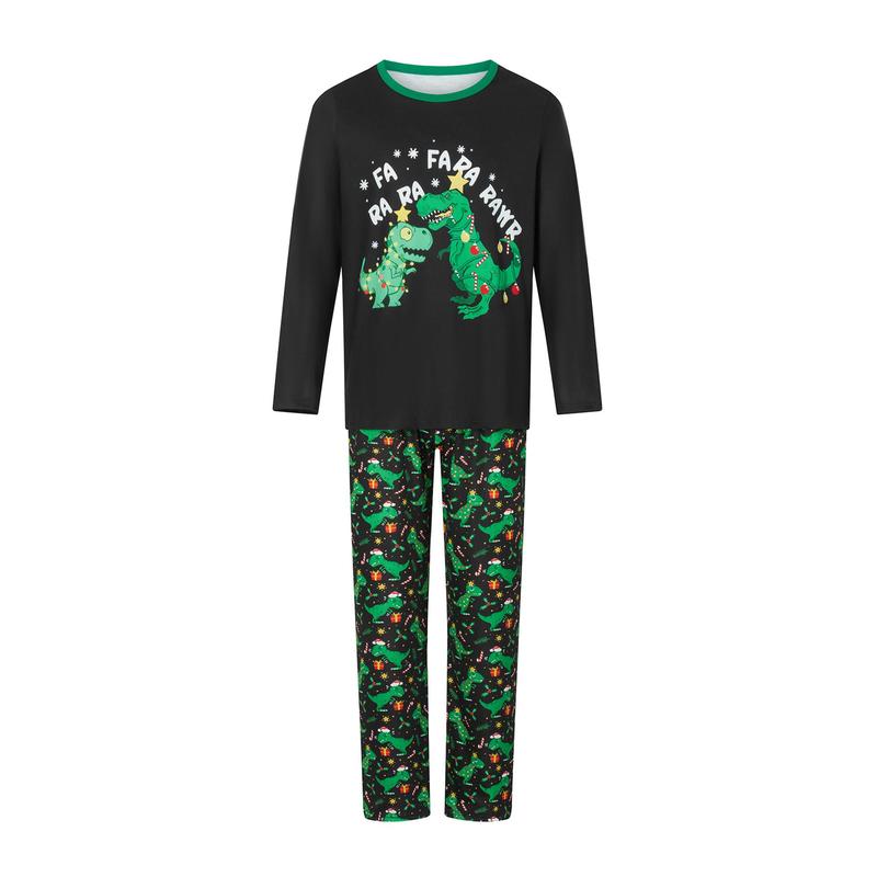 Black Green Matching Christmas Pajamas For Family Black Long Sleeve Letter Print Tops and Dinosaur Print Pants Sleepwear