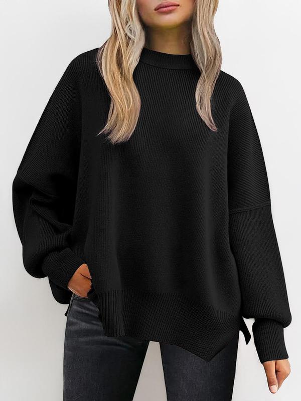 Women's Plain Split Hem Drop Shoulder Sweater, Casual Long Sleeve Round Neck Jumper for Fall & Winter, Fashion Ladies' Knitwear for Daily Wear