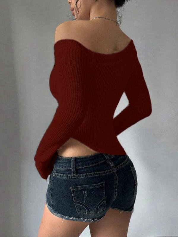 Women's Plain Asymmetrical Neck Crop Sweater, Casual Long Sleeve Asymmetrical Hem Jumper for Spring & Fall, Fashion Women's Knitwear for Daily Wear