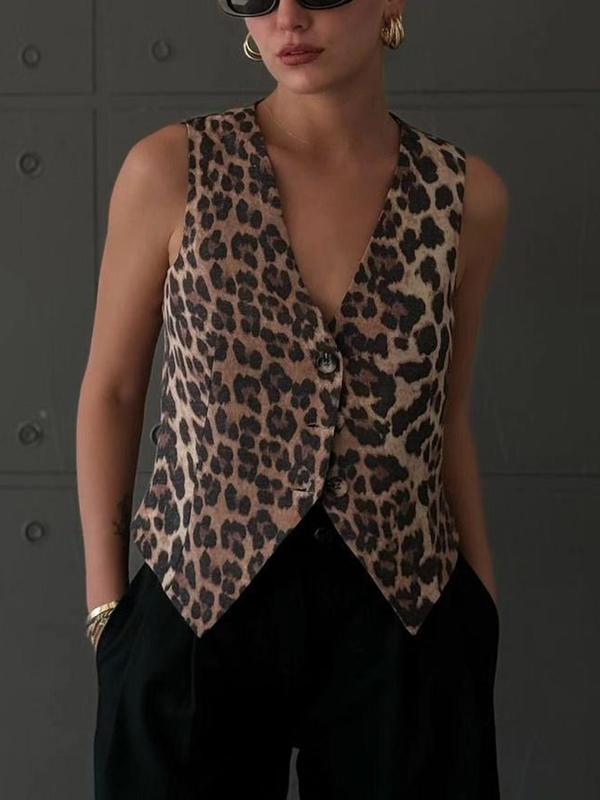 Women's Leopard Print Button Front Vest Blazer, Casual Asymmetrical Hem V Neck Sleeveless Top for Daily Wear, Ladies Clothes for All Seasons