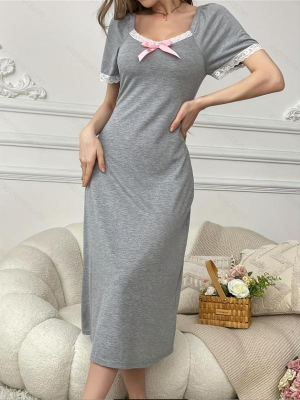 Women's Plain Bow Decor Contrast Lace Hem Nightdress, Casual Soft Comfortable Scoop Neck Short Sleeve Nightgown for All Seasons, Ladies Sleepwear for Indoor Wear