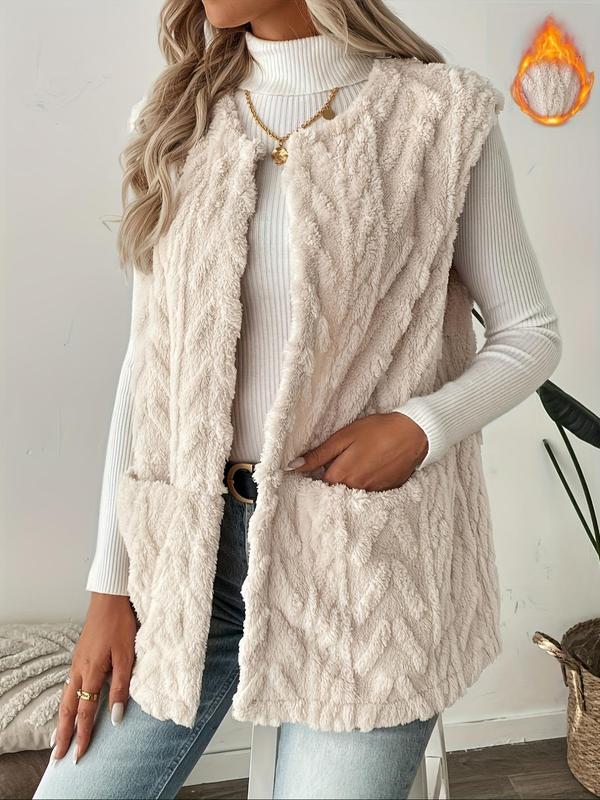 Women's Solid Color Textured Pocket Design Thermal Lined Plush Vest Coat, Casual Fashion Sleeveless Open Front Outerwear for Fall & Winter, Women's Clothing for Daily Wear