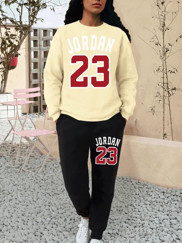 Women's Letter Number Print Sweatshirt & Pocket Sweatpants Set, Casual Round Neck Long Sleeve Pullover & Jogger Pants Sports Sweat Suit, Ladies Sportswear for Fall & Winter