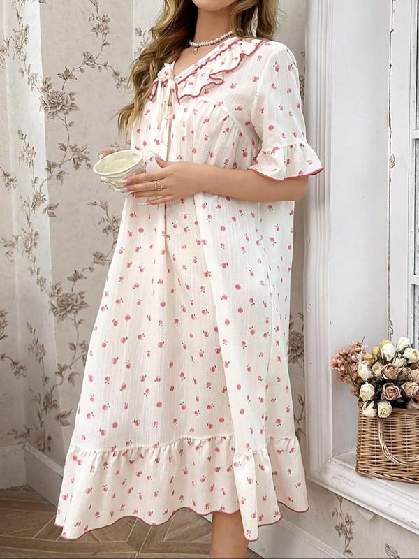  All Over Fruit Print Ruffle Trim Tie Front Nightdress, Casual Soft Comfortable Flounce Sleeve Nightgown for Women, Women's Sleepwear for All Seasons